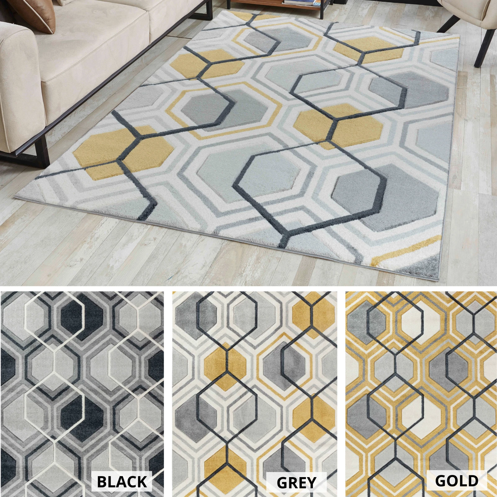 Modern Geometrical Hexagon Design Hand Carved Rugs Black-Gold-Grey Colour