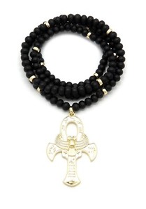 Authentic EGYPTIAN ANKH PIECE WITH 30" WOODEN NECKLACE GOLD PLATED