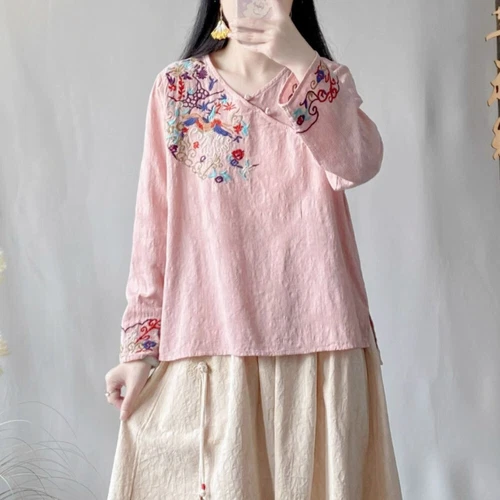 New Lady Embroidered Chinese Shirts Tops Blouse Retro Ethnic Floral Vintage - Picture 10 of 16