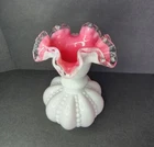 Fenton Art Glass Vase Melon Pink White beaded Ruffled Crest Rim