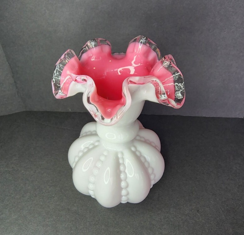 Fenton Art Glass Vase Melon Pink White beaded Ruffled Crest Rim