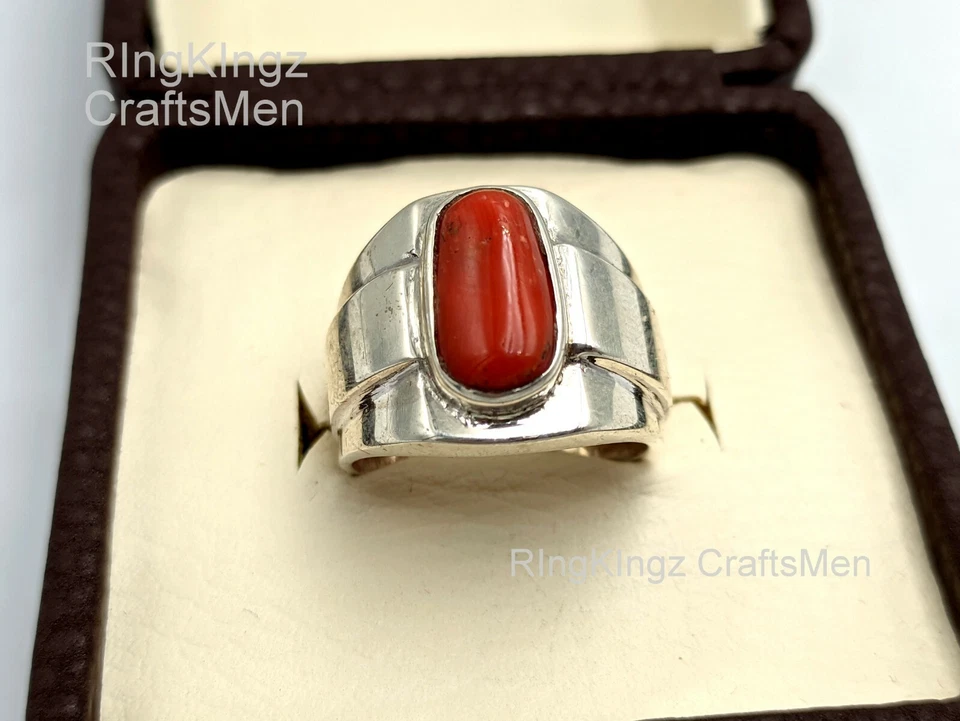 Anillo natural de coral rojo anaranjado para hombre de plata de ley 925 con forma de cápsula de piedra Foto 3 de 4