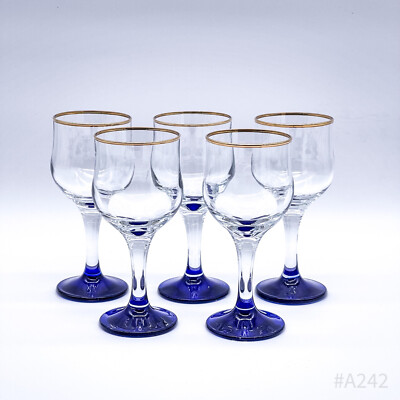 5 x Vintage Glass Wine Glasses with Blue Stem & Gold Rim | Handmade 15.5cm