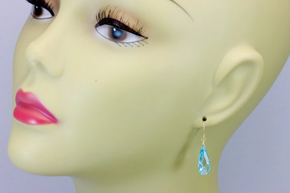 Pendientes de circonitas cúbicas de oro macizo de 14k simuladas aguamarina circonita cúbica gotas de plata Foto 4 de 4