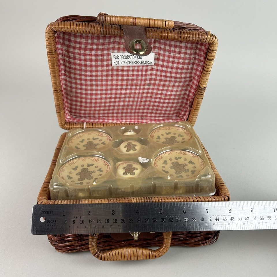 Vintage Miniature Porcelain Gingerbread Picnic Tea Set & Wicker Basket