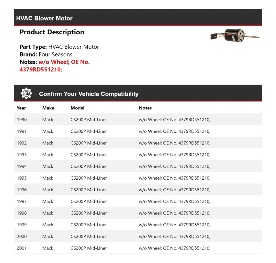 Motor soplador de climatización de revestimiento medio Mack CS200P 1990-2001 4 estaciones 1991 1992 1993 Foto 2 de 4