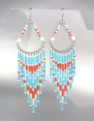 BOHO CHIC Blue Orange White Beads Gypsy Chandelier 4'' Long Dangle Earrings
