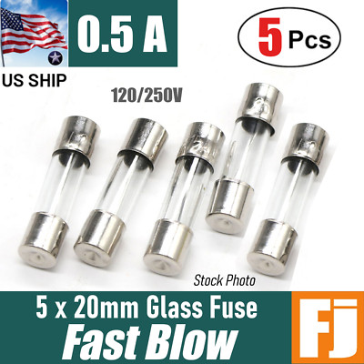 5 Pcs  Fast-Blow Fuse 0.5A 250V Glass Fuses 5 x 20 mm (0.5 Amp) | US Ship