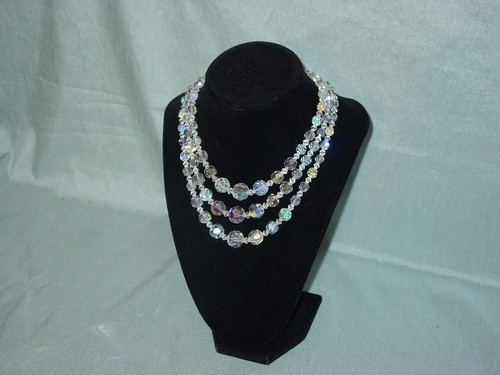 Vintage Graduated 3 String Aurora Borealis Crystal Choker Necklace - Picture 3 of 5