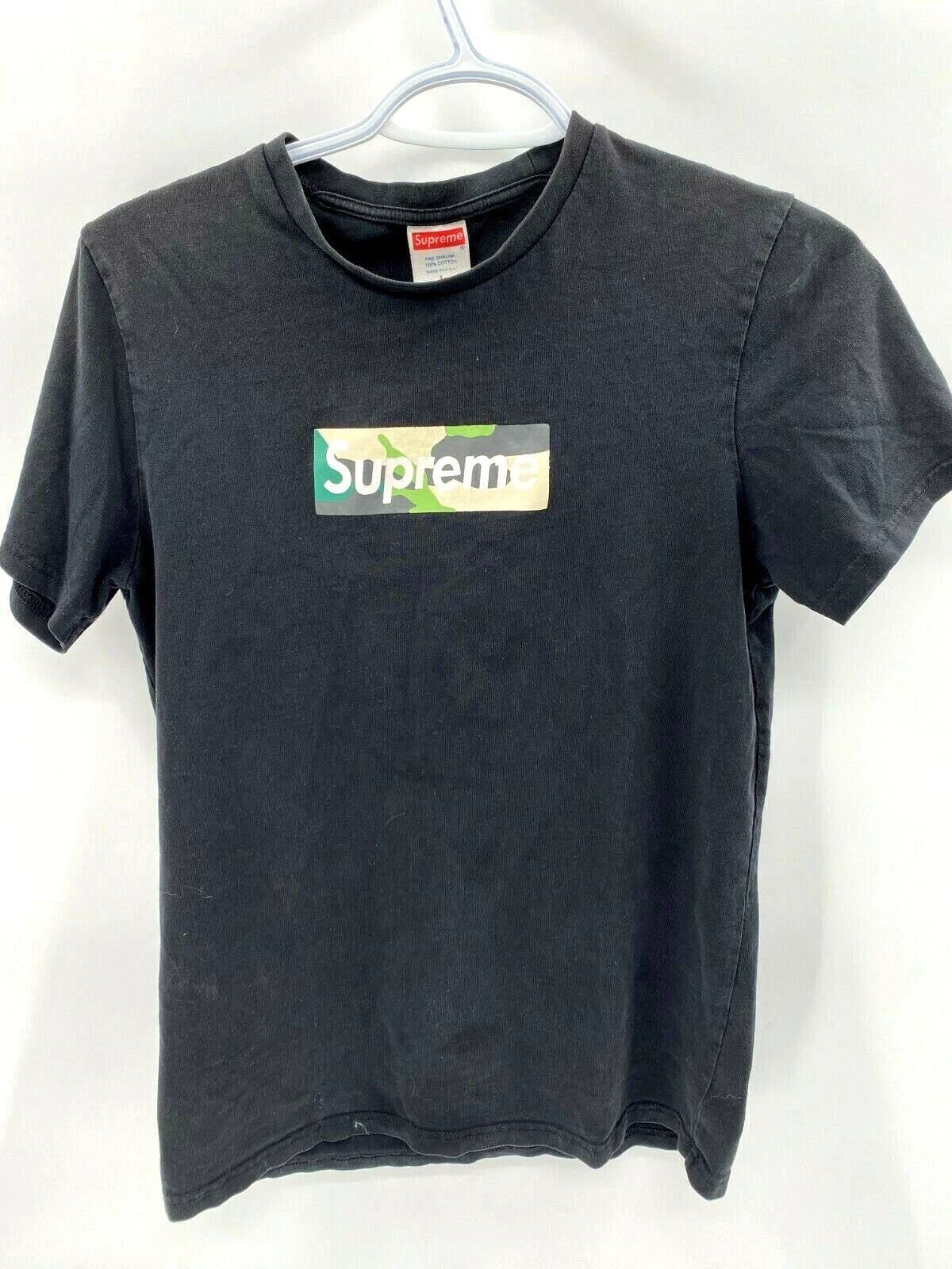 Boîte logo camouflage verte vintage Supreme Brooklyn Store T shirt noir haut femme taille L