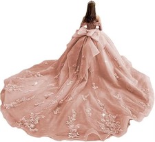 Off Shoulder Beaded Quinceanera Dresses with Train Bow Puffy Lace Sweet Applique