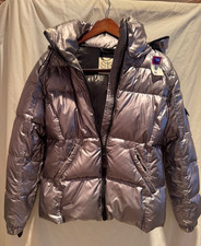 S 13 New York SIZE MEDIUM Silver Puffer Detachable Hood Snap Pockets Knit Cuff