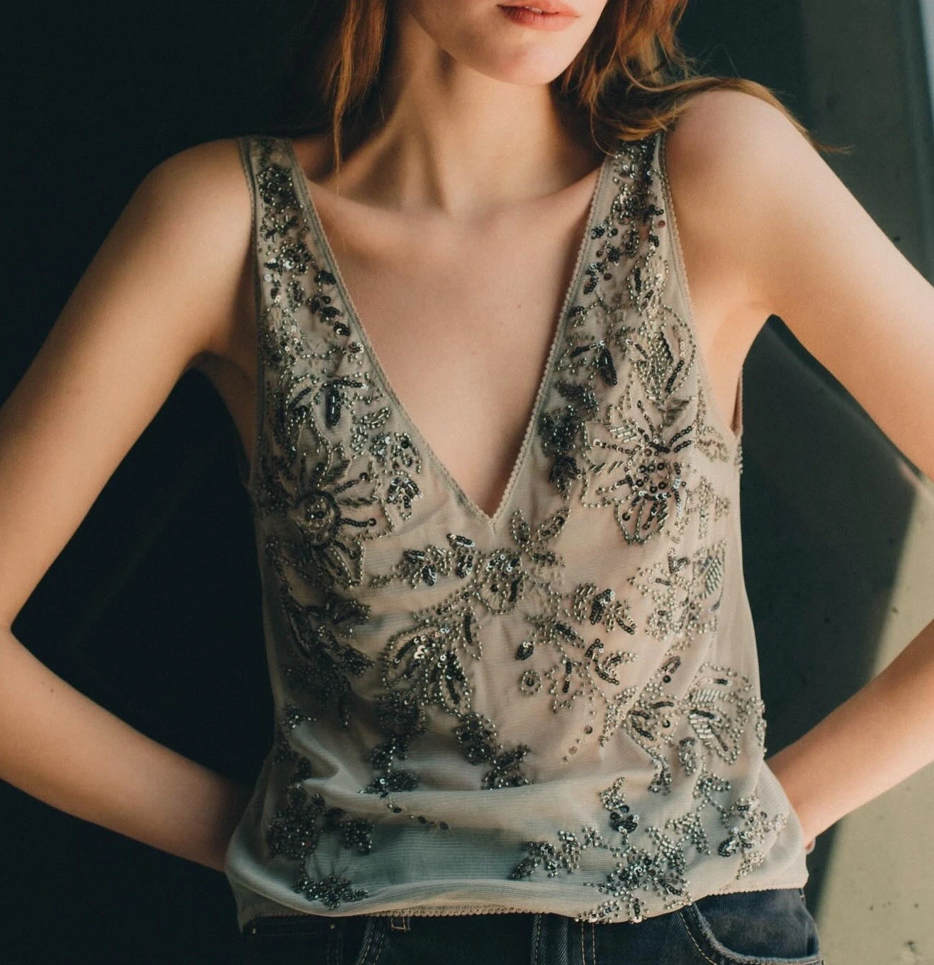 ZARA GREY ORGANZA TULLE SEQUIN FLORAL BEADED EMBROIDERED V-NECK CO ORD VEST TOP