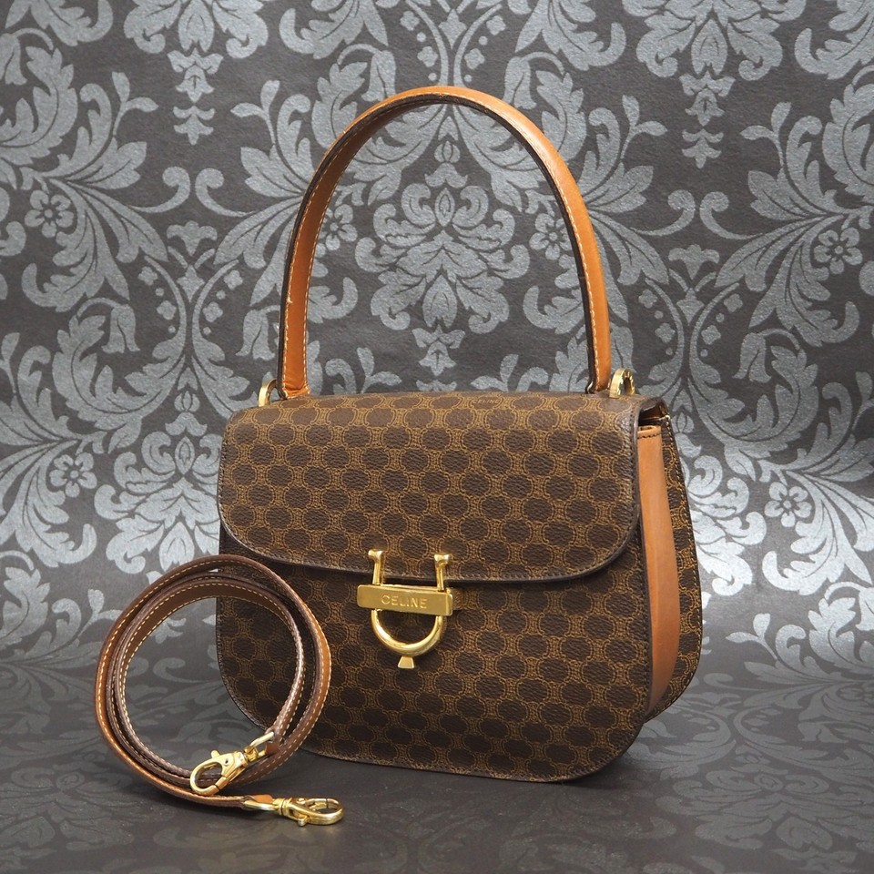 CELINE Macadam Canvas Brown PVC Leather 2Way Shoulder Bag Handbag #64 Rise-on