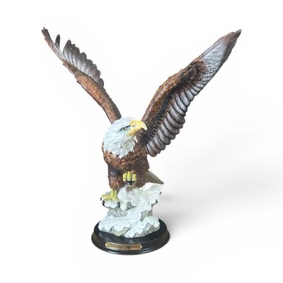 Eagle Figurine Sculpture Collectible with Brown White Wings on Rock Base