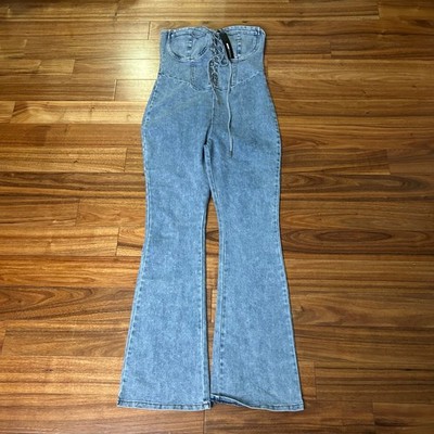 Fashion Nova Play It Your Way Denim Jumpsuit Light Wash Strapless Flare 1X NWT