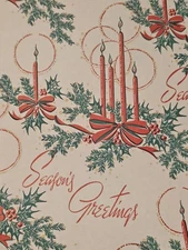 VTG 2 YDS UNCUT CHRISTMAS WRAPPING PAPER GIFT WRAP RED GREEN CANDLES HOLLY NOS