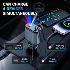 4 in 1 Retractable Car Charger - Starlight in Car Roof, Fast Car iPhone Charger