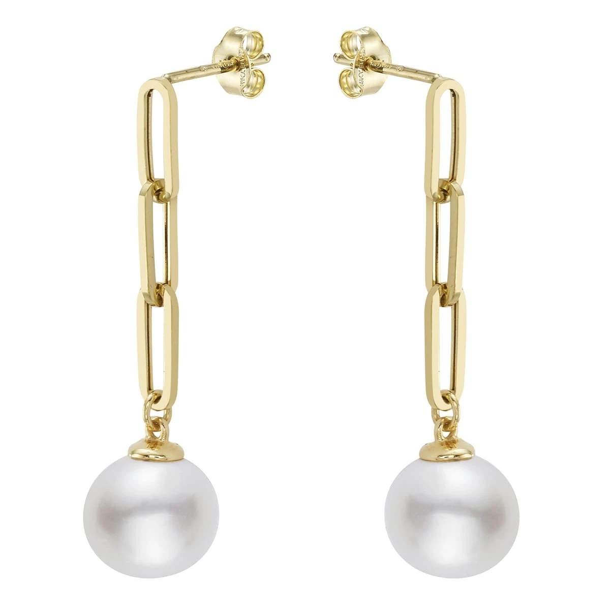 Solid 14K Yellow Gold Cultured Pearl Paperclip Chain Earrings 9-10mm Women's