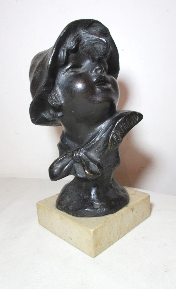 antique 1800s Francesco Paolo Michetti bronze child bust statue sculpture marble - Image 2 of 4