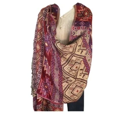 Shawl | Wool + Modal | Geometric Design | Handloomed | Tassels | Red & Sand