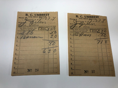 Hankinson, ND R. C. Umbreit City Meat Market Receipts 1917