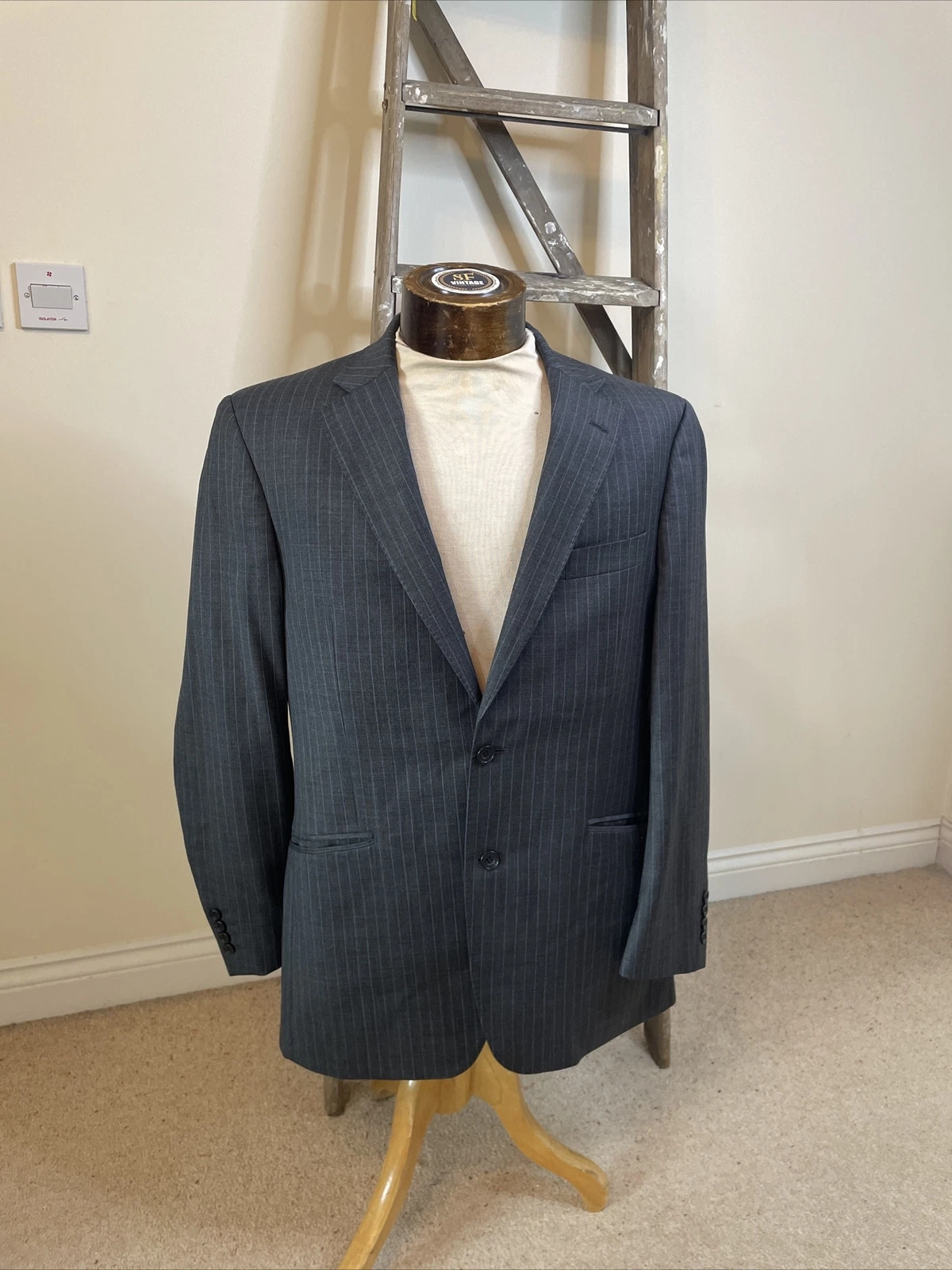 M&S Sartorial Mens Jacket Blazer 40” Grey Blue Pin Striped Pure New Wool