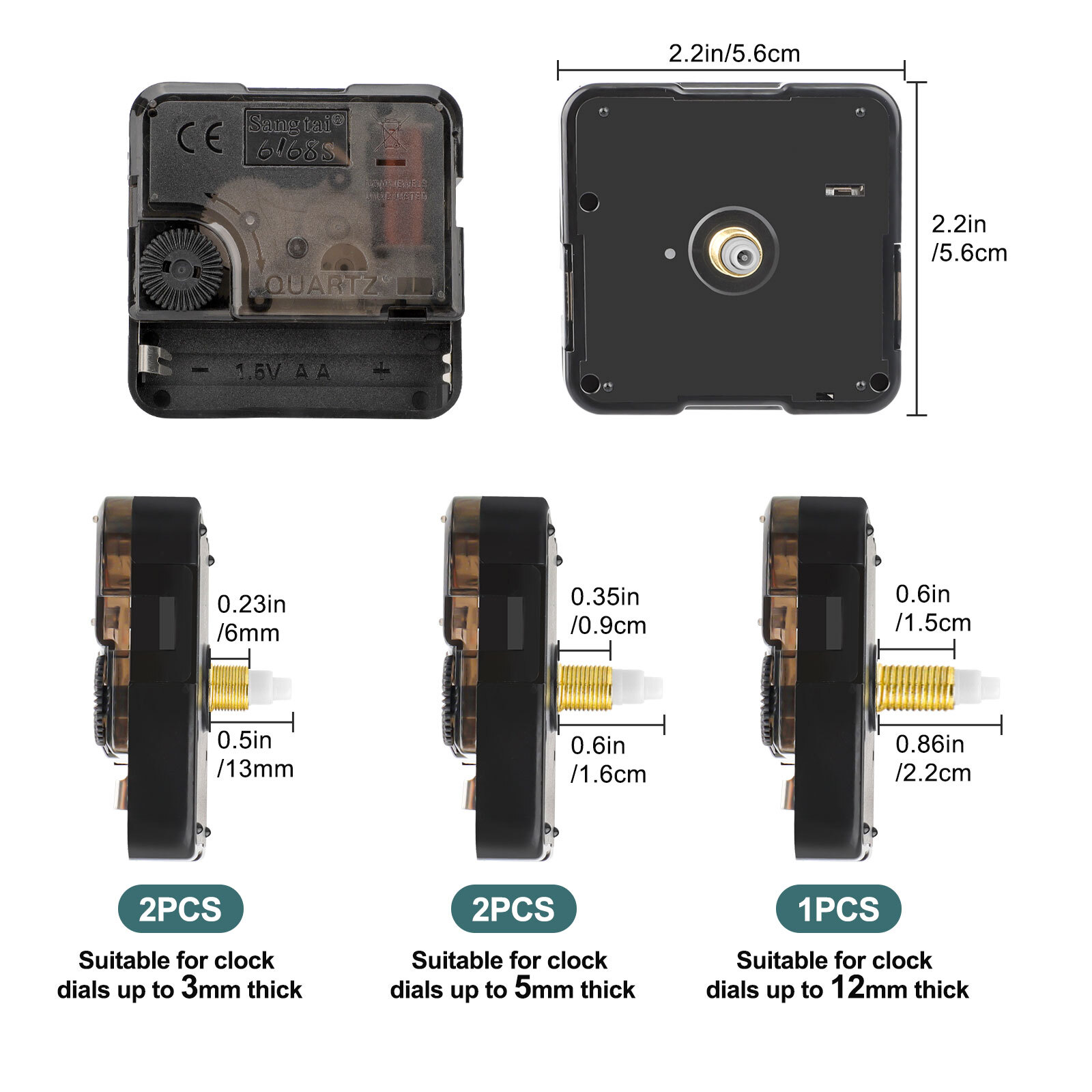 5PCS Quartz Clock Movement Mechanism DIY Repair Kit with Hands Set 13-23mm Shaft