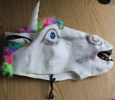 Unicorn Horse with Rainbow Colored Mane Hair Adult Mask with Chin Strap