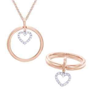 Authentic 14K Rose Gold Plated White Diamond Accent Heart Dangle Ring & Pendant Set