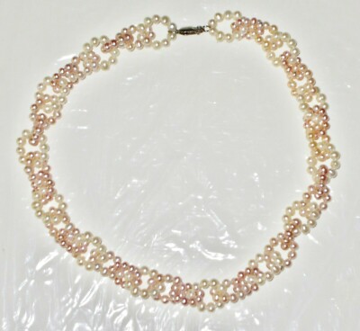 Elegant Natural 6mm White and Beige Pearls Loop Links Necklace 17''   925