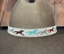 NATIVE DESIGN Handmad Beaded Hatband HAT BAND TURQUOISE HORSES Deerskin STERLING