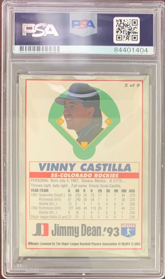 Tarjeta automática Vinny Castilla 1993 Jimmy Dean RC Colorado Rockies PSA encapsulada Foto 2 de 2