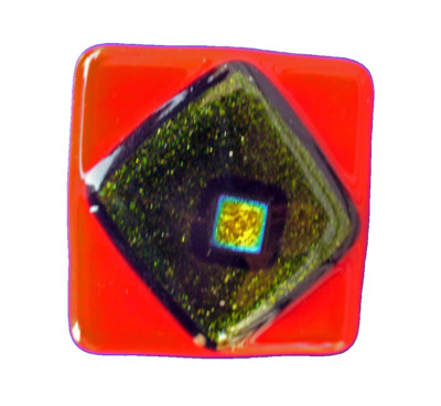 Svenson PIN Vintage FUSED GLASS Red Green Glitter Diamond Square SIGNED Brooch