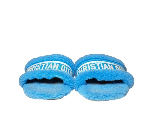 Christian Dior Dway Blue Shearling Embroidered Logo Slides Sandals Size 38 - Picture 3 of 8