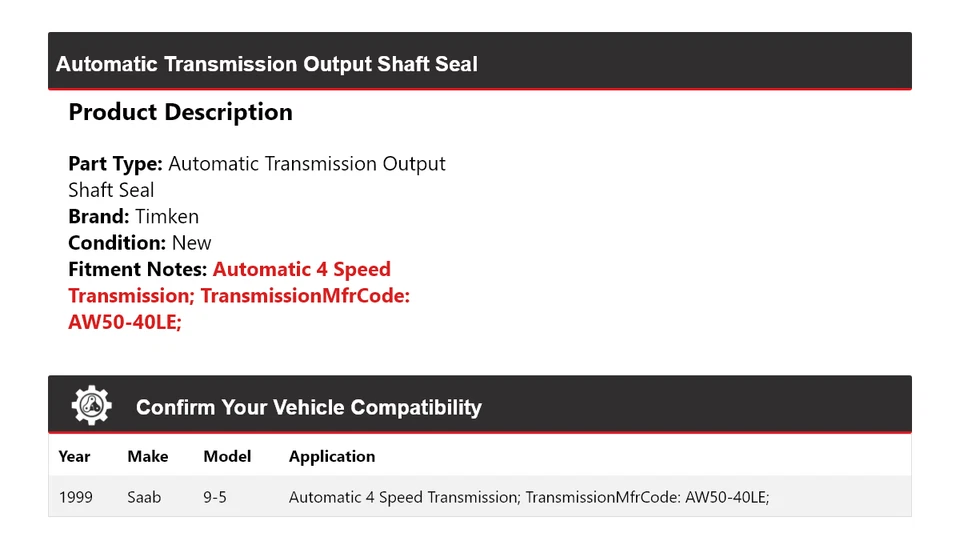 Sello de eje de salida de transmisión automática Saab 9-5 1999 Timken Foto 2 de 4