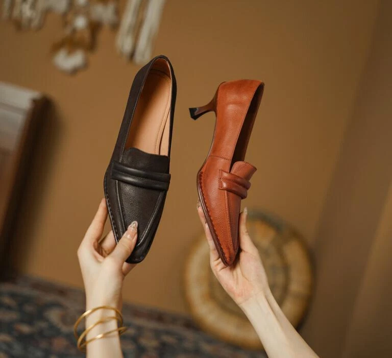 Women s Real Leather Low Heel Shoes Pointed Toe Pumps Office Lady