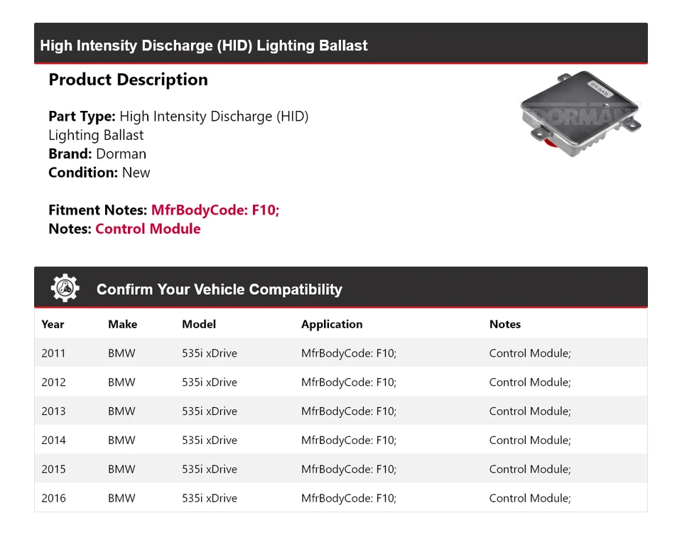 Balastro de iluminación HID Dorman 2011-2016 BMW 535i xDrive 2012 2013 2014 2015 Foto 2 de 4