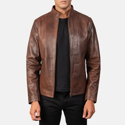 Men Brown Distressed Genuine Lambskin Leather Cafe Racer Jacket Minimal Zip New