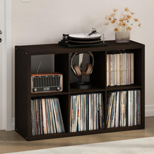 Stylish Cubicle Record Player Stand with Vinyl Storage  Media Shelf, Black Oak