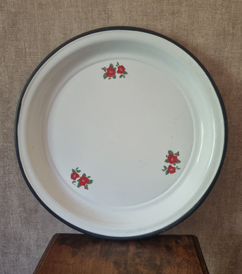 Tablett rund emailliert weiß rote Blumen Vintage 39 cm Deko Landhaus