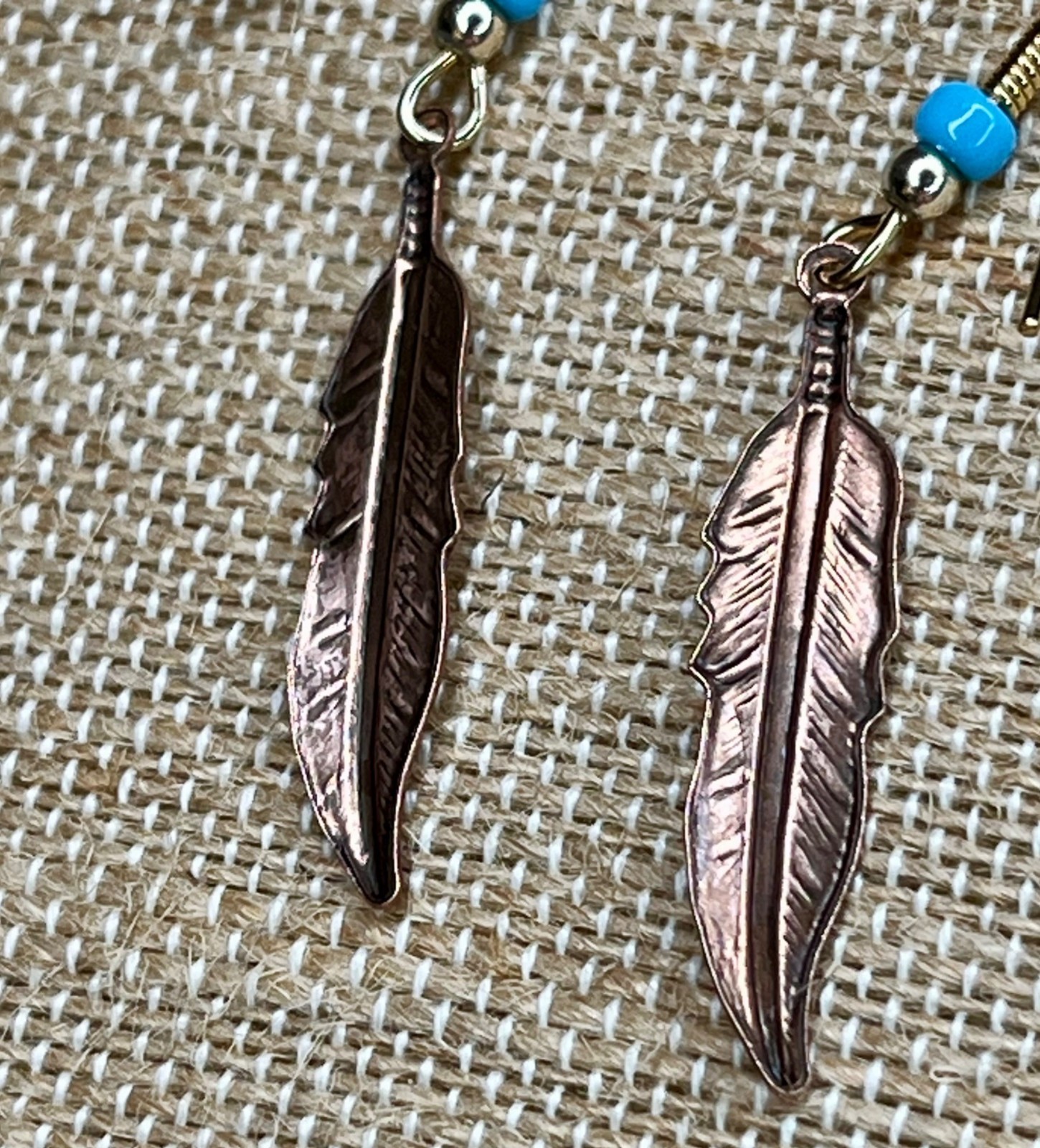 Copper Feather Dangle Earrings With Turquoise Bea… - image 6