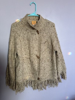 Ruby Rd. Brown Sweater Poncho-style with Fringe and Toggle Buttons Size M EUC