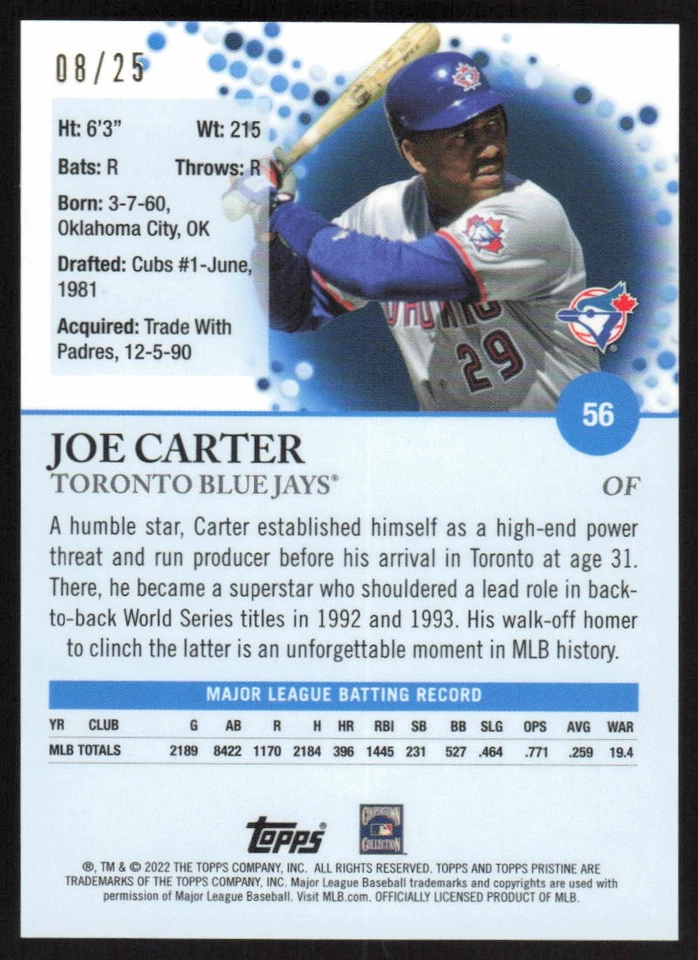 2022 Topps Pristine Orange Refractor #56 Joe Carter /25 Toronto Blue Jays - Image 2 of 2