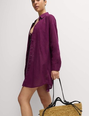 Marks & Spencer Womens Cotton Long sleeved Shirt in Dark Raspberry - M&S