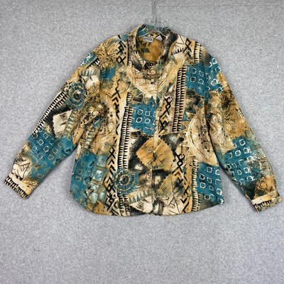 Chicos Top Women's Sz 4 (XXL) Brown Blue Southwestern Faux Suede Button Up Shirt
