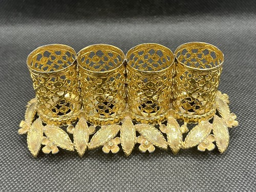 VTG Gold Tone Filigree Metal Lipstick Holder Stand, 4 Slots Hollywood Regency