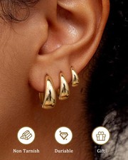 3 Pairs 14K Gold Plated Hoop Earrings Set for Women - Chunky  Hypoallergenic