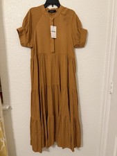 NWT Kosmios Boho Tiered Midi Dress Mustard Brown Short Sleeve Sz S Casual Relax