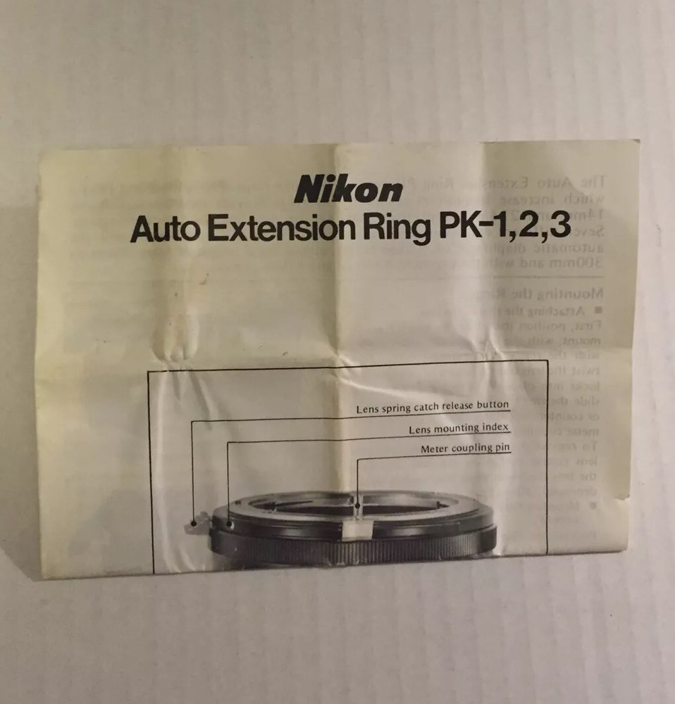 Nikon Camera Lens Auto Extension Ring PK-1, PK-2, PK-3 - Instruction Manual